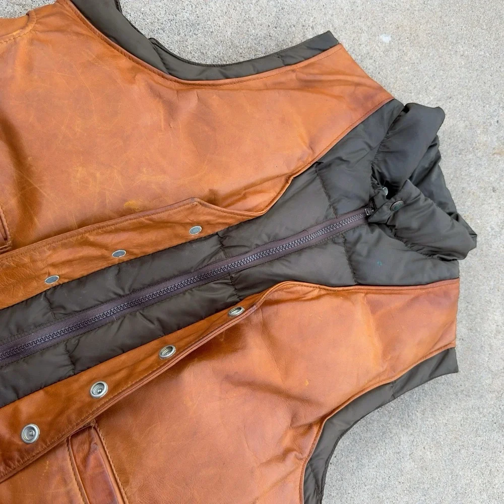 VTG Schott NYC Leather Down Plume Puffer Vest Men's Size 44 Western 70s 80s USA